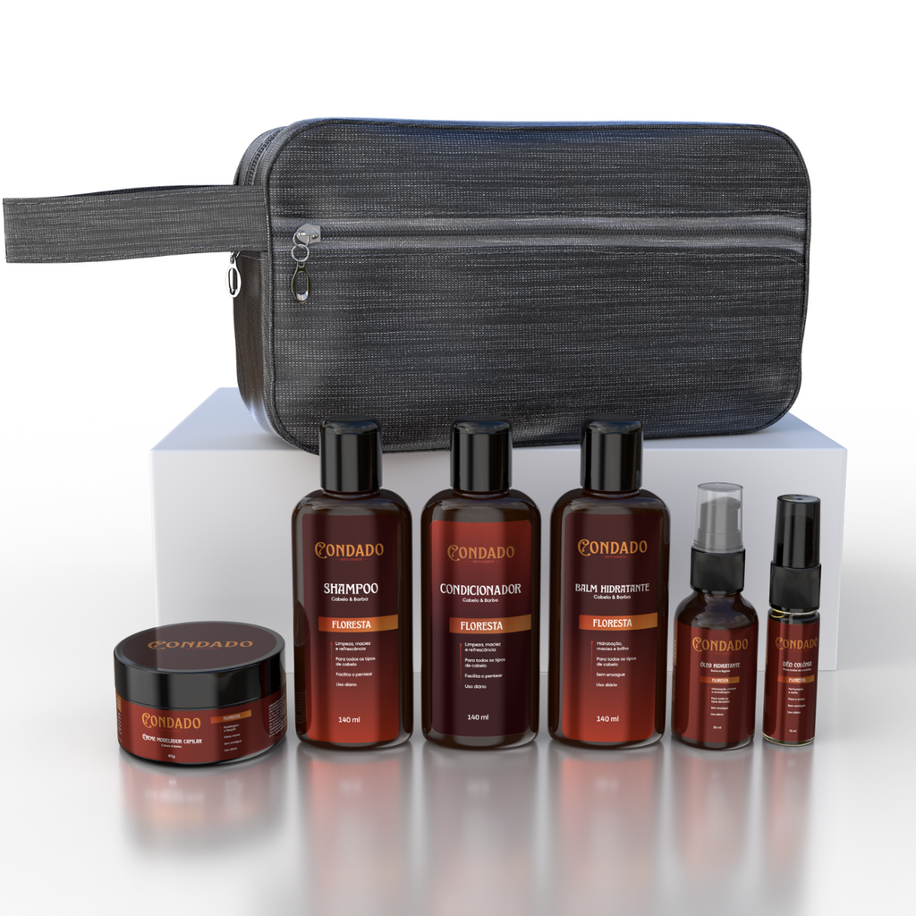 Kit Shampoo + Condicionador + Pomada + Óleo + Colônia + Balm + Necessaire Cinza Floresta Condado