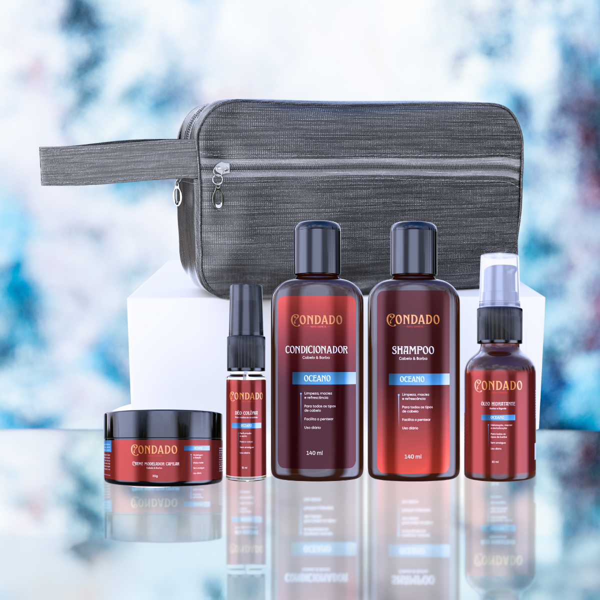 Kit Shampoo + Condicionador + Óleo + Colônia + Pomada + Necessaire Cinza Oceano Condado