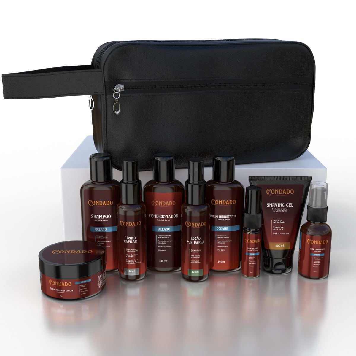 Kit Shampoo + Condicionador + Pomada + Óleo + Colônia + Tônico + Balm + Gel + Loção + Necessaire Preta Oceano Condado