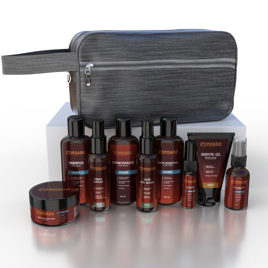 Kit Shampoo + Condicionador + Pomada + Óleo + Colônia + Tônico + Balm + Gel + Loção + Necessaire Cinza Oceano Condado