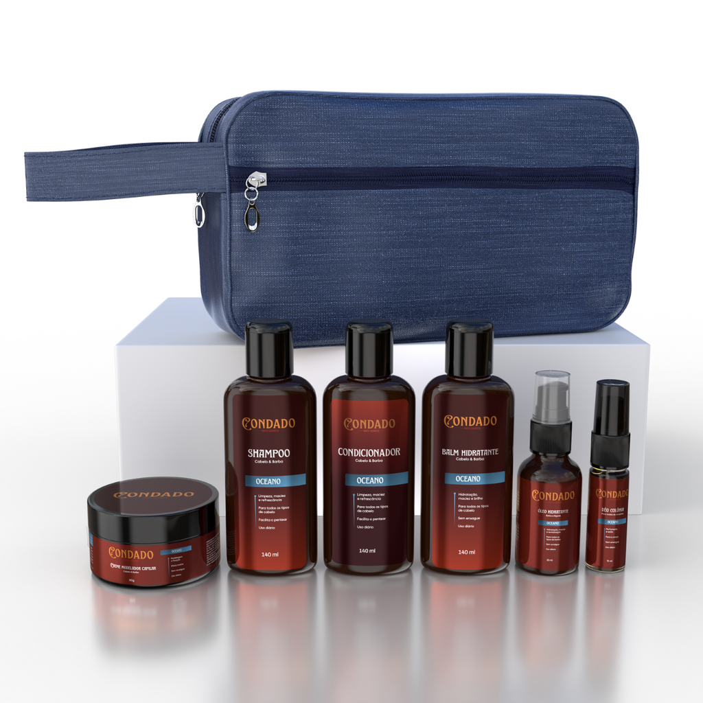 Kit Shampoo + Condicionador + Pomada + Óleo + Colônia + Balm + Necessaire Azul Oceano Condado