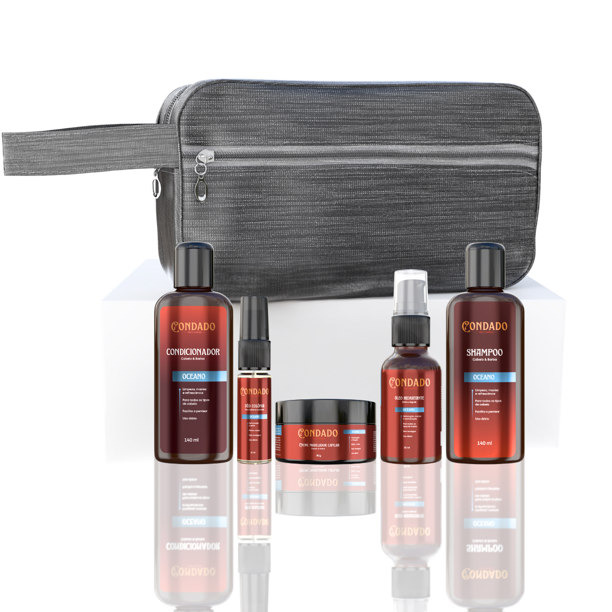 Kit Shampoo + Condicionador + Óleo + Colônia + Pomada + Necessaire Cinza Oceano Condado