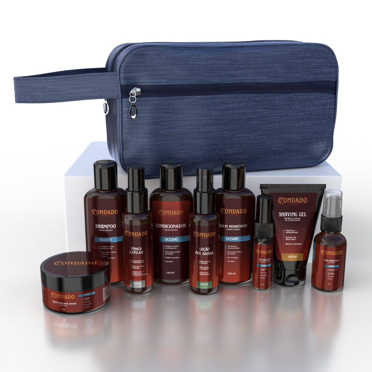 Kit Shampoo + Condicionador + Pomada + Óleo + Colônia + Tônico + Balm + Gel + Loção + Necessaire Azul Oceano Condado