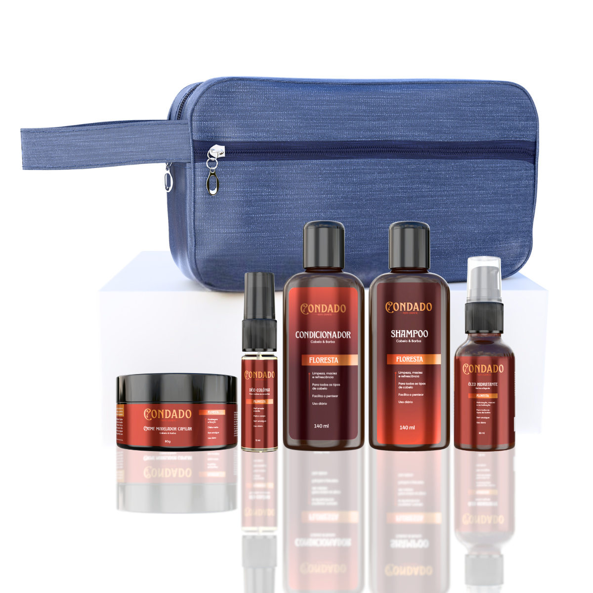 Kit Shampoo + Condicionador + Óleo + Colônia + Pomada + Necessaire Azul Floresta Condado
