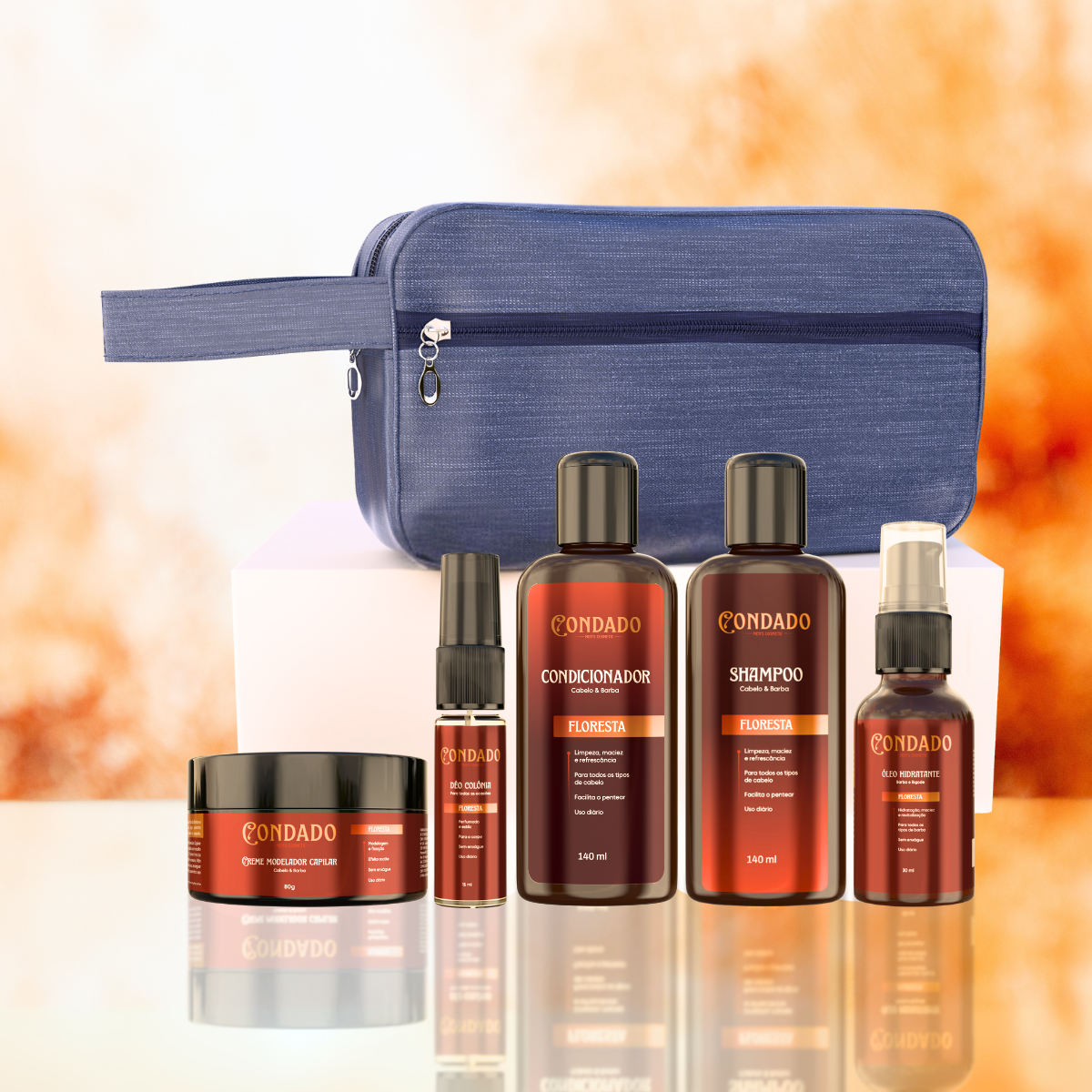 Kit Shampoo + Condicionador + Óleo + Colônia + Pomada + Necessaire Azul Floresta Condado