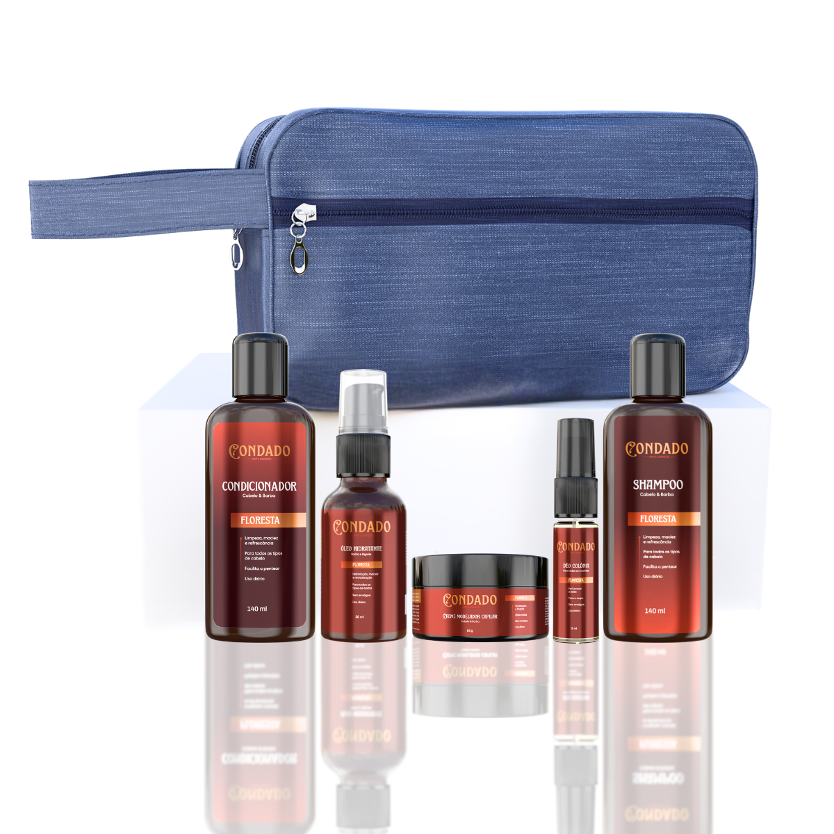 Kit Shampoo + Condicionador + Óleo + Colônia + Pomada + Necessaire Azul Floresta Condado