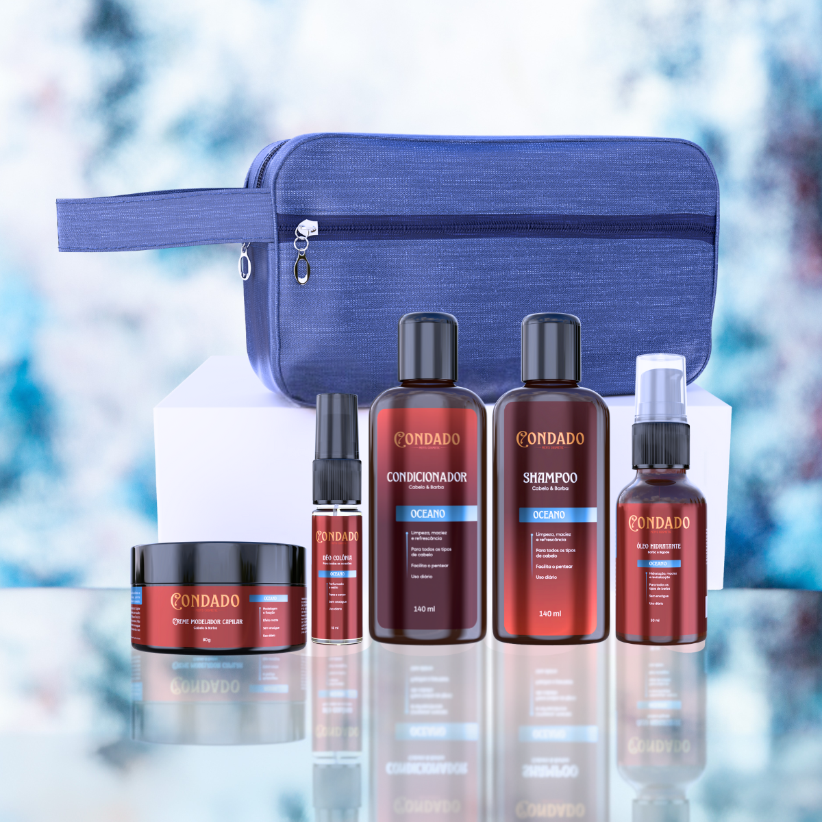 Kit Shampoo + Condicionador + Óleo + Colônia + Pomada + Necessaire Azul Oceano Condado