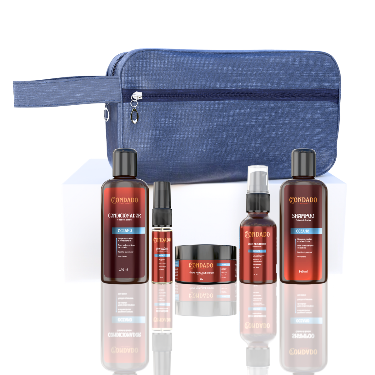 Kit Shampoo + Condicionador + Óleo + Colônia + Pomada + Necessaire Azul Oceano Condado