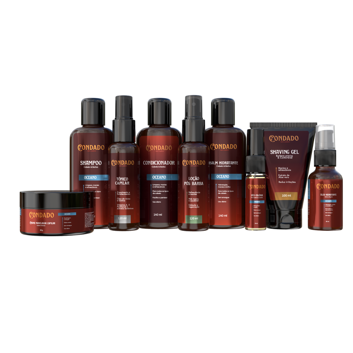 Kit Shampoo + Condicionador + Pomada + Óleo + Colônia + Tônico + Balm + Gel + Loção Oceano Condado