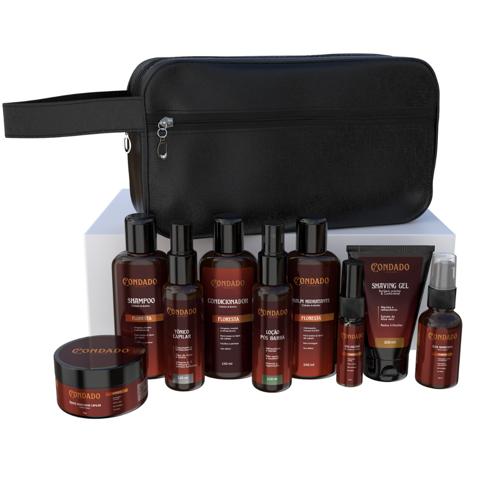 Kit Shampoo + Condicionador + Pomada + Óleo + Colônia + Tônico + Balm + Gel + Loção + Necessaire Preta Floresta Condado