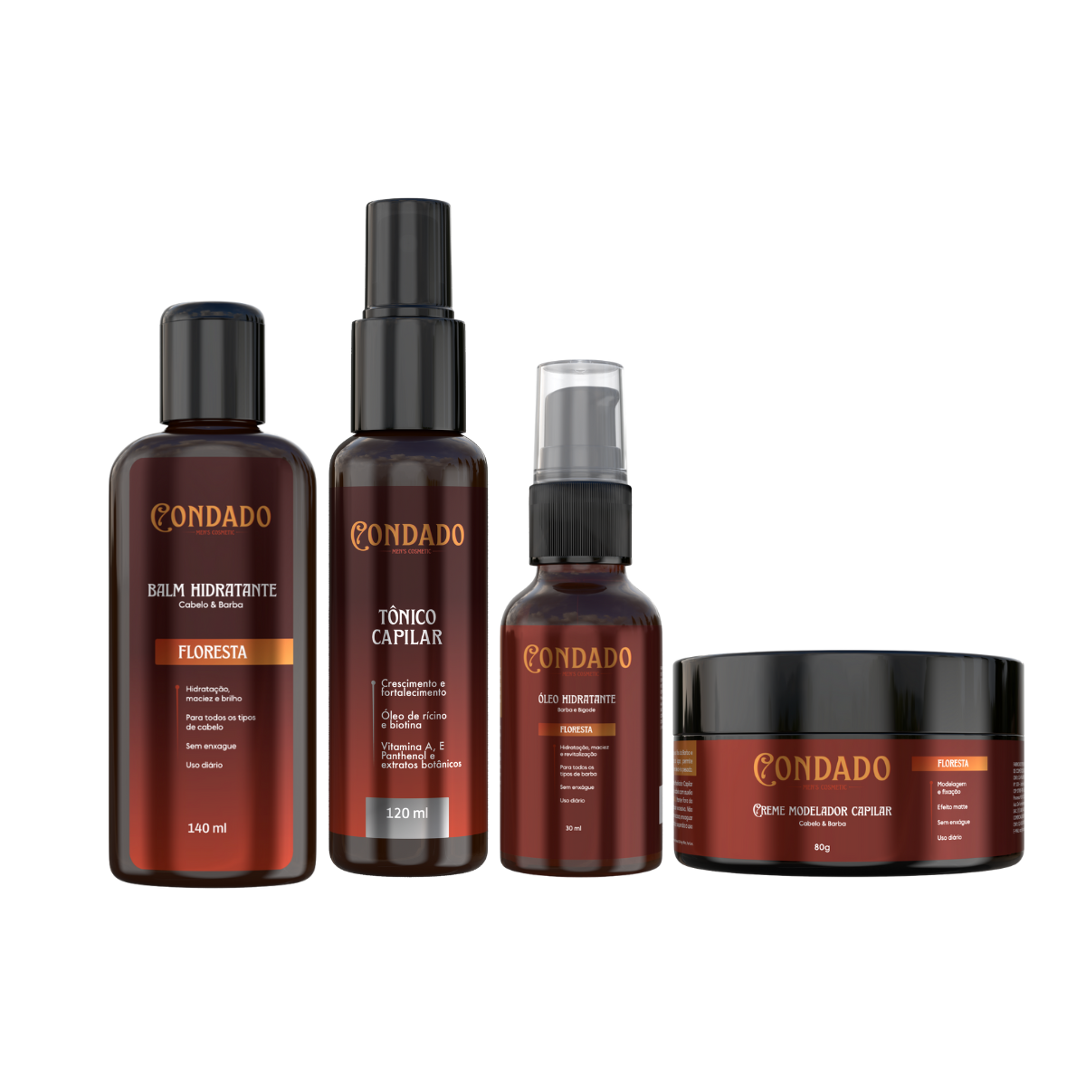 Kit Tônico capilar + Pomada modeladora + Óleo + Balm hidratante Floresta Condado