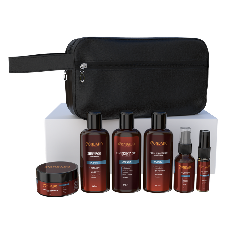 Kit Shampoo + Condicionador + Pomada + Óleo + Colônia + Balm + Necessaire Preta Oceano Condado