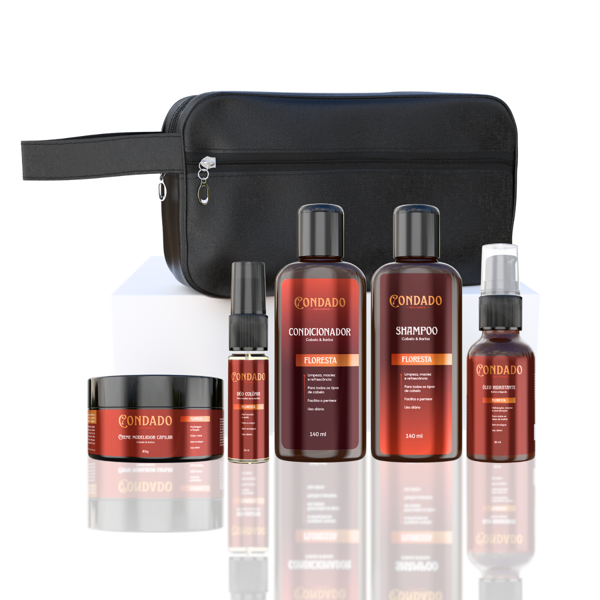 Kit Shampoo + Condicionador + Óleo + Colônia + Pomada + Necessaire Preta Floresta Condado