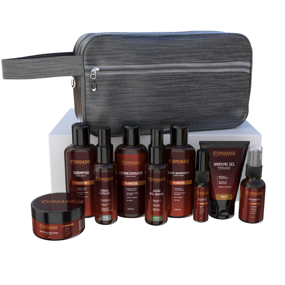 Kit Shampoo + Condicionador + Pomada + Óleo + Colônia + Tônico + Balm + Gel + Loção + Necessaire Cinza Floresta Condado