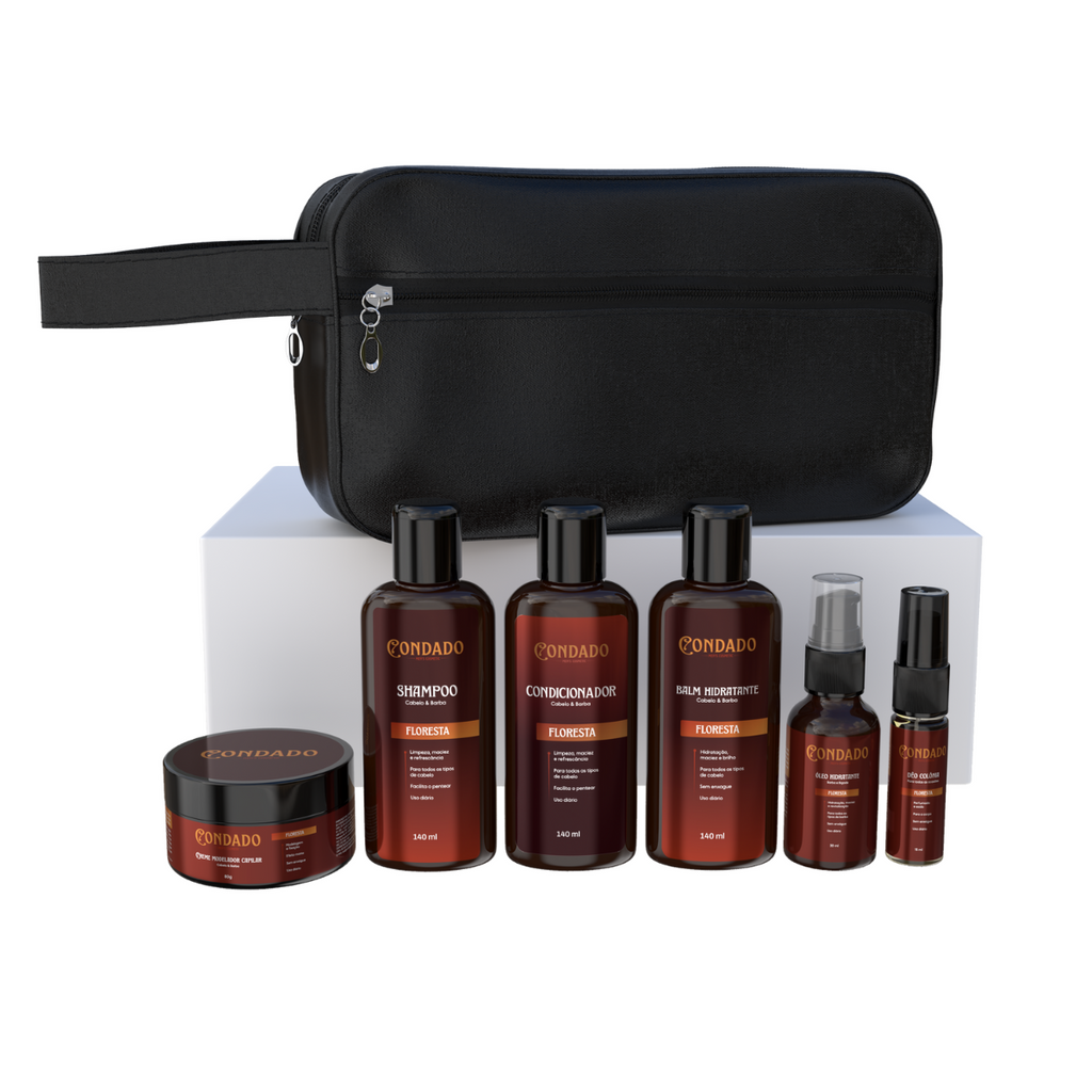 Kit Shampoo + Condicionador + Pomada + Óleo + Colônia + Balm + Necessaire Preta Floresta Condado