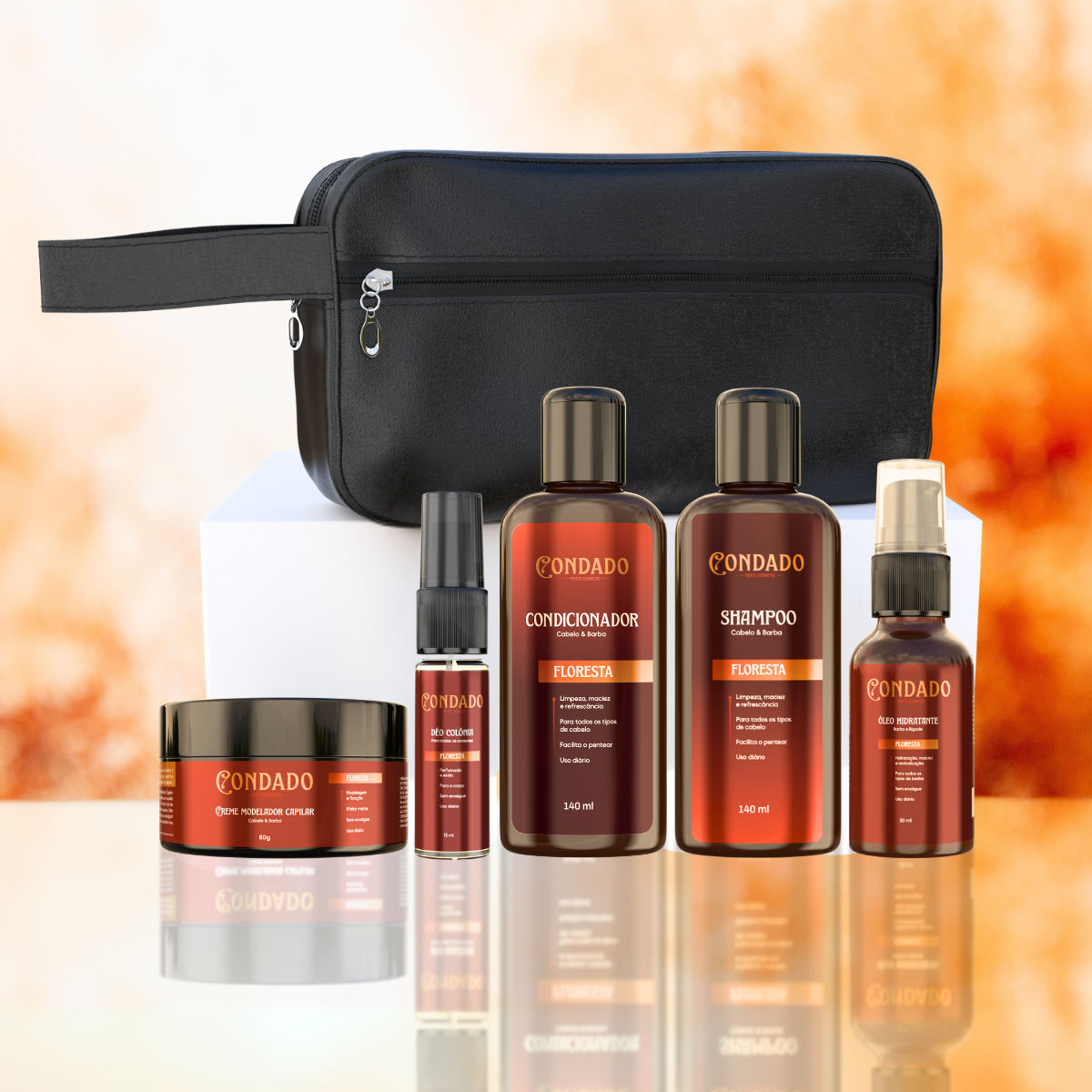 Kit Shampoo + Condicionador + Óleo + Colônia + Pomada + Necessaire Preta Floresta Condado
