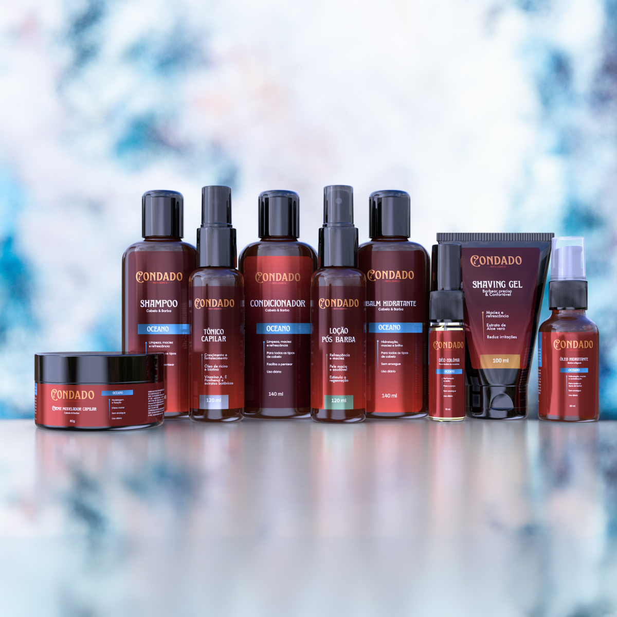 Kit Shampoo + Condicionador + Pomada + Óleo + Colônia + Tônico + Balm + Gel + Loção Oceano Condado