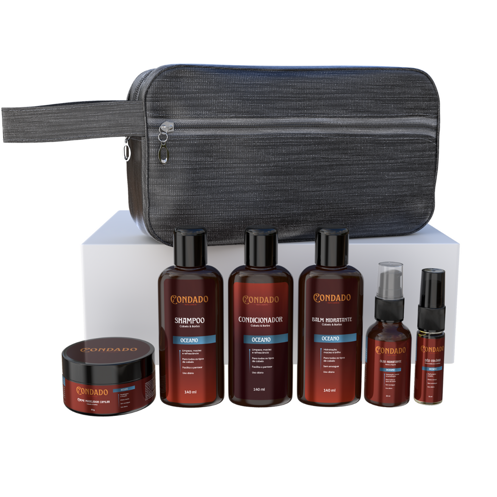 Kit Shampoo + Condicionador + Pomada + Óleo + Colônia + Balm + Necessaire Cinza Oceano Condado