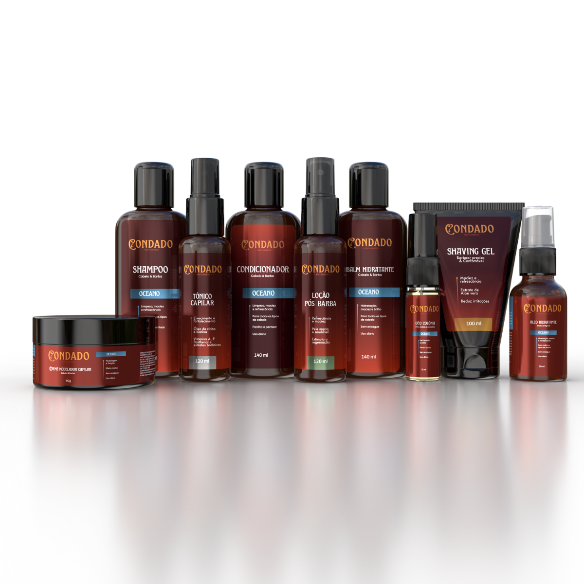 Kit Shampoo + Condicionador + Pomada + Óleo + Colônia + Tônico + Balm + Gel + Loção Oceano Condado