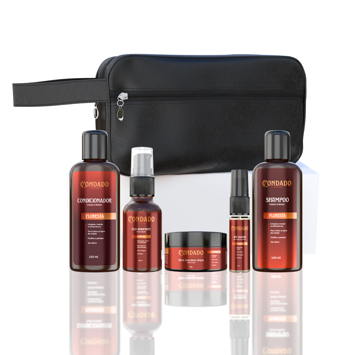 Kit Shampoo + Condicionador + Óleo + Colônia + Pomada + Necessaire Preta Floresta Condado