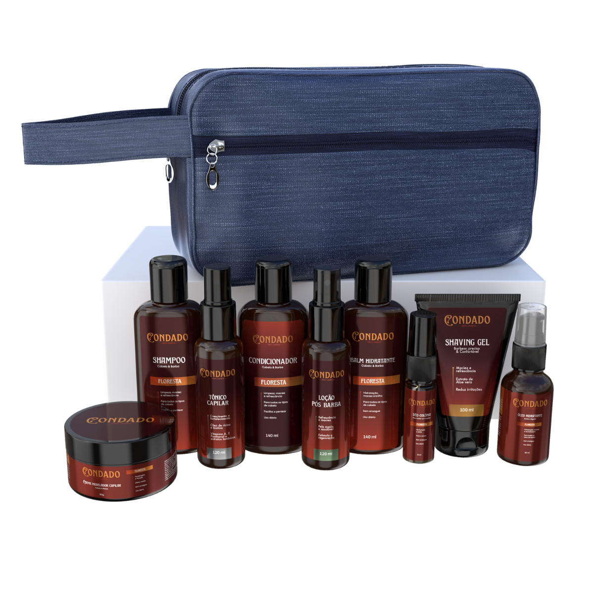 Kit Shampoo + Condicionador + Pomada + Óleo + Colônia + Tônico + Balm + Gel + Loção + Necessaire Azul Floresta Condado