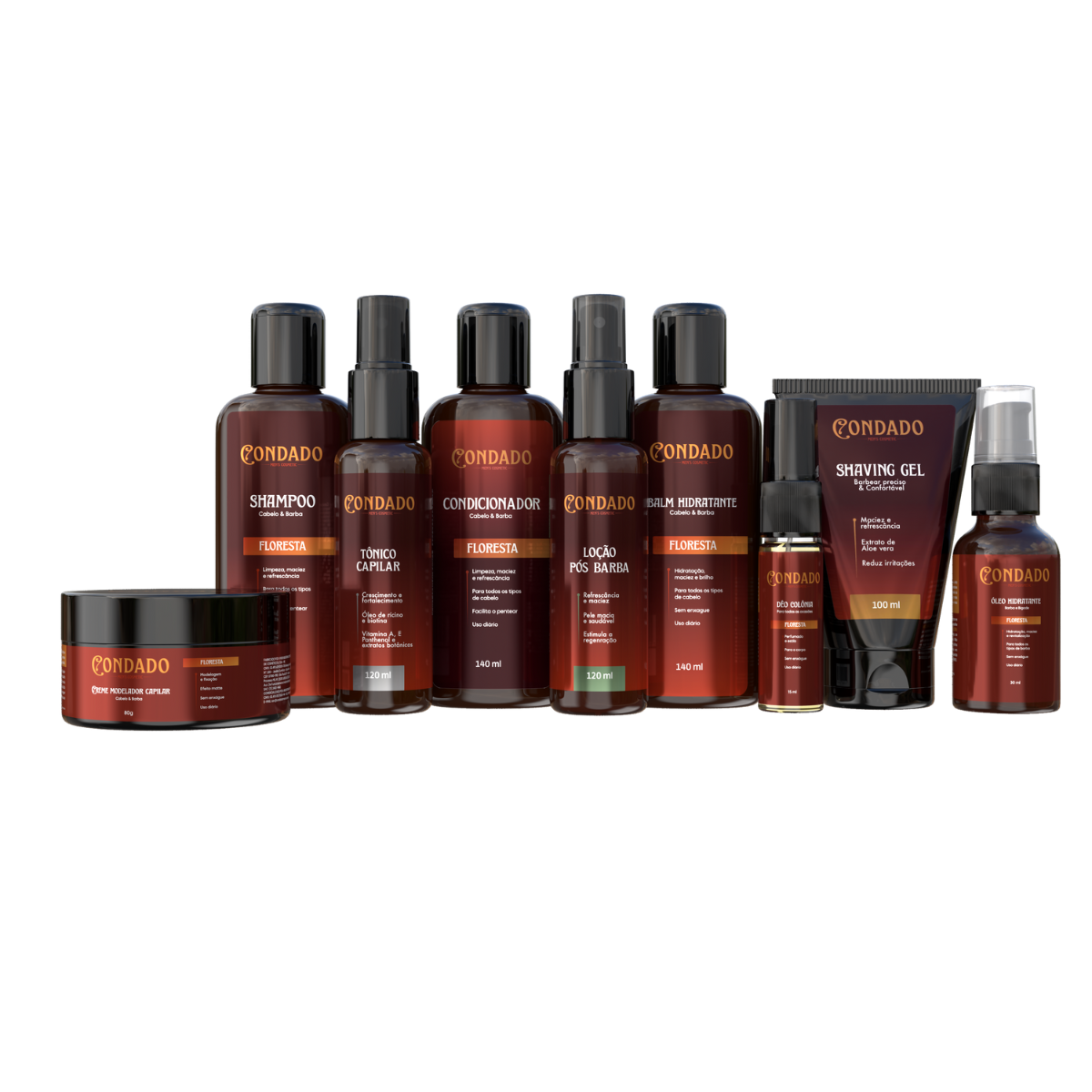 Kit Shampoo + Condicionador + Pomada + Óleo + Colônia + Tônico + Balm + Gel + Loção Floresta Condado