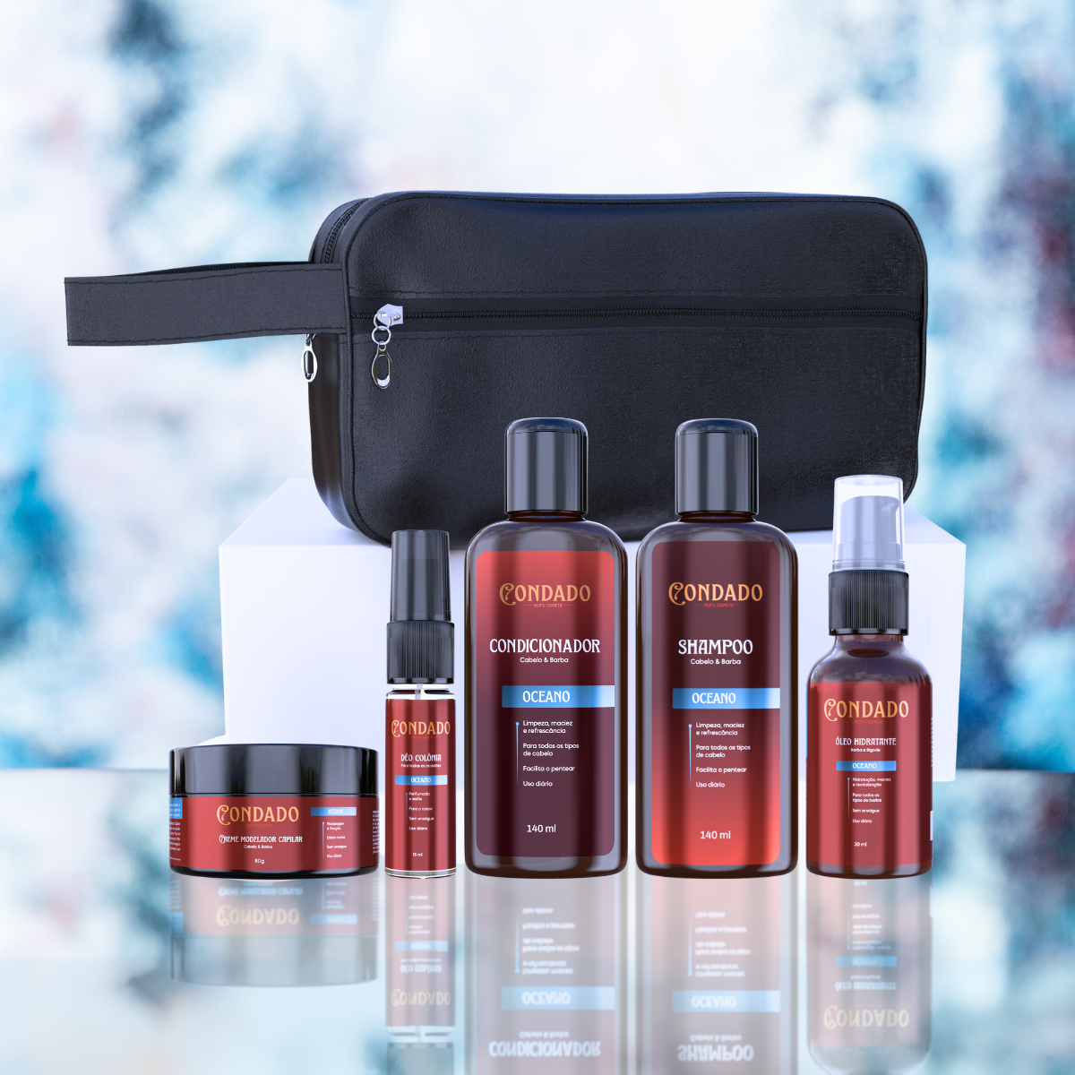 Kit Shampoo + Condicionador + Óleo + Colônia + Pomada + Necessaire Preta Oceano Condado