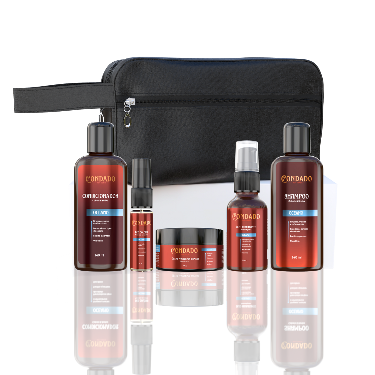 Kit Shampoo + Condicionador + Óleo + Colônia + Pomada + Necessaire Preta Oceano Condado