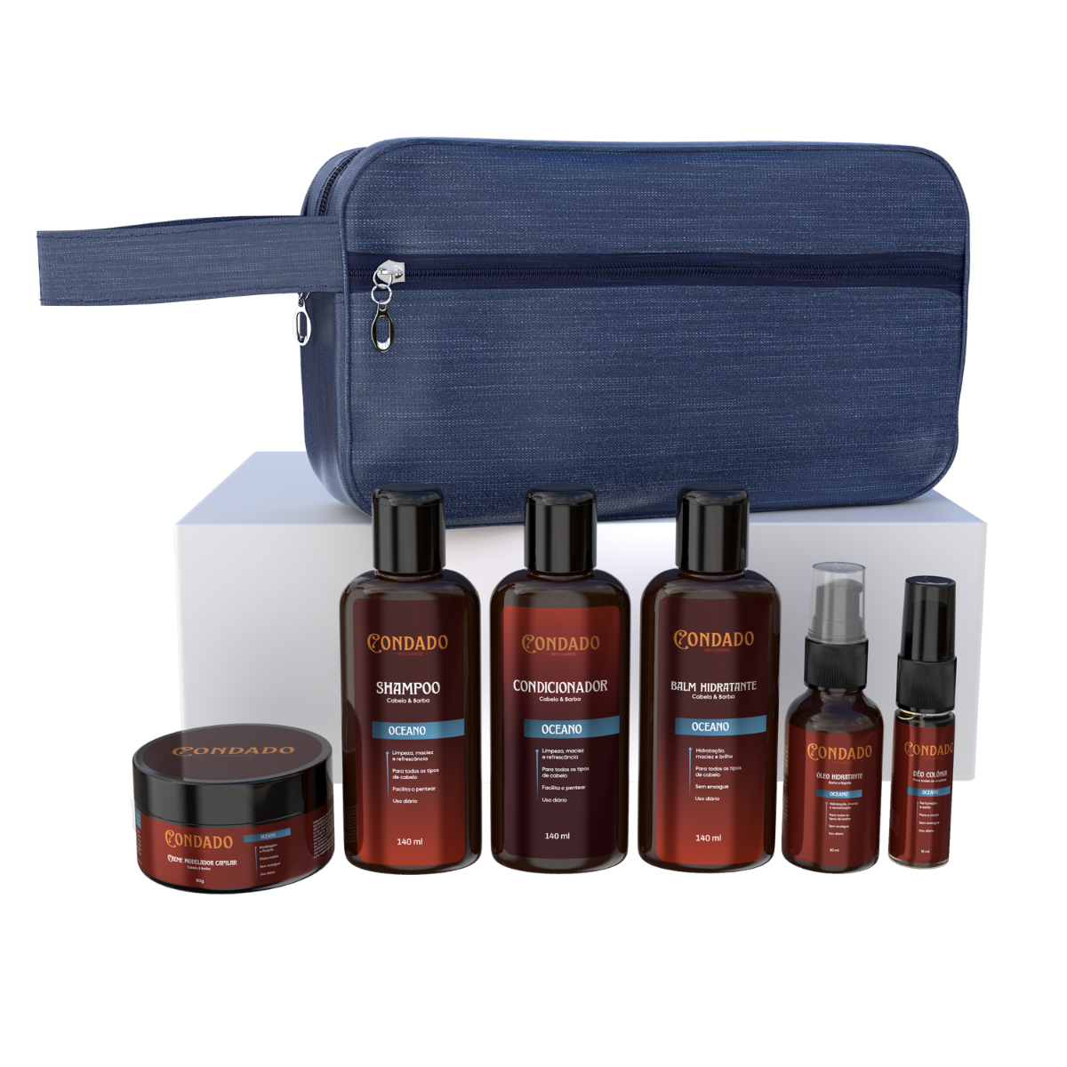 Kit Shampoo + Condicionador + Pomada + Óleo + Colônia + Balm + Necessaire Azul Oceano Condado