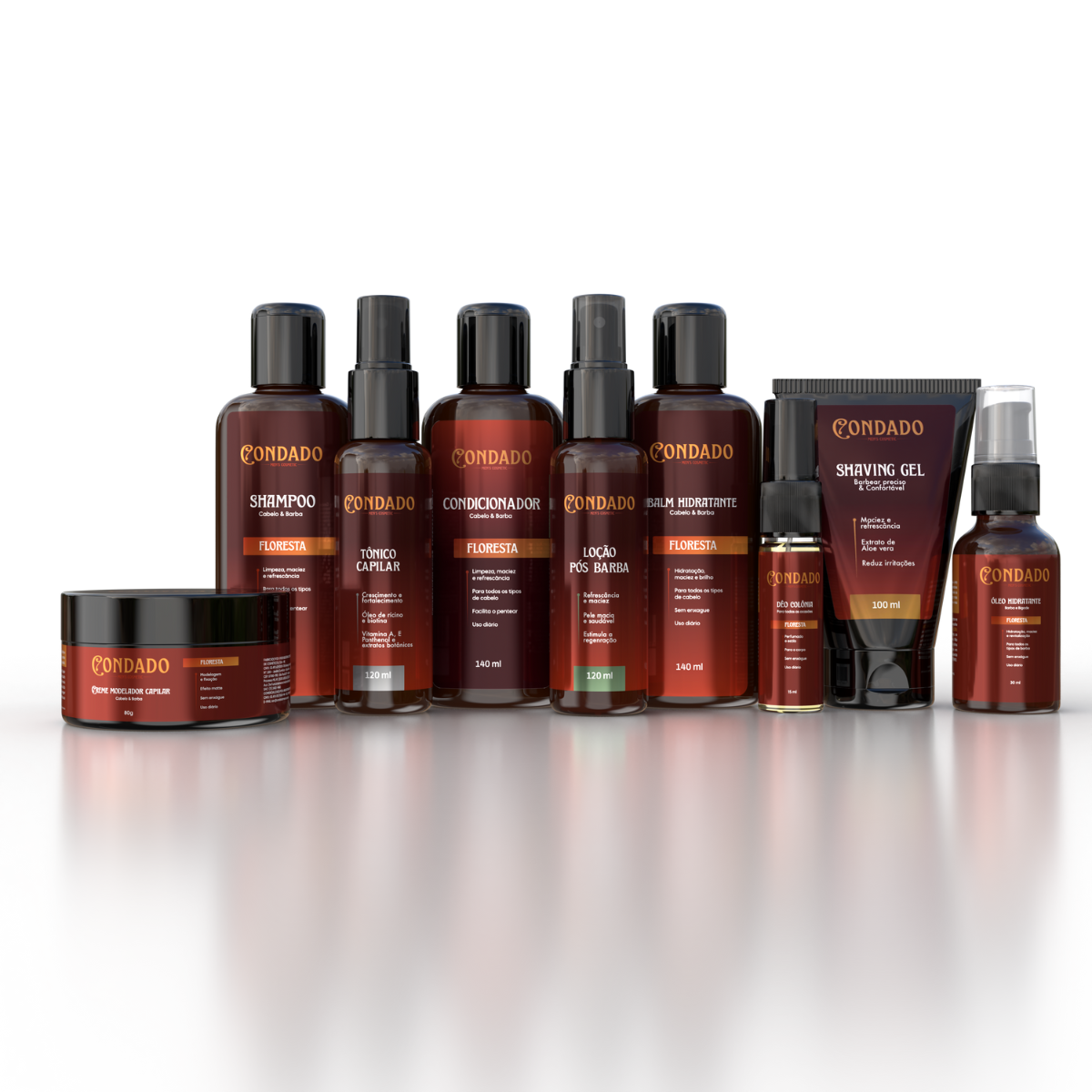 Kit Shampoo + Condicionador + Pomada + Óleo + Colônia + Tônico + Balm + Gel + Loção Floresta Condado