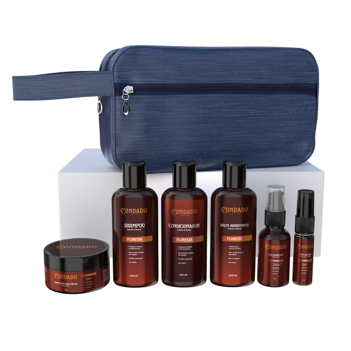 Kit Shampoo + Condicionador + Pomada + Óleo + Colônia + Balm + Necessaire Azul Floresta Condado
