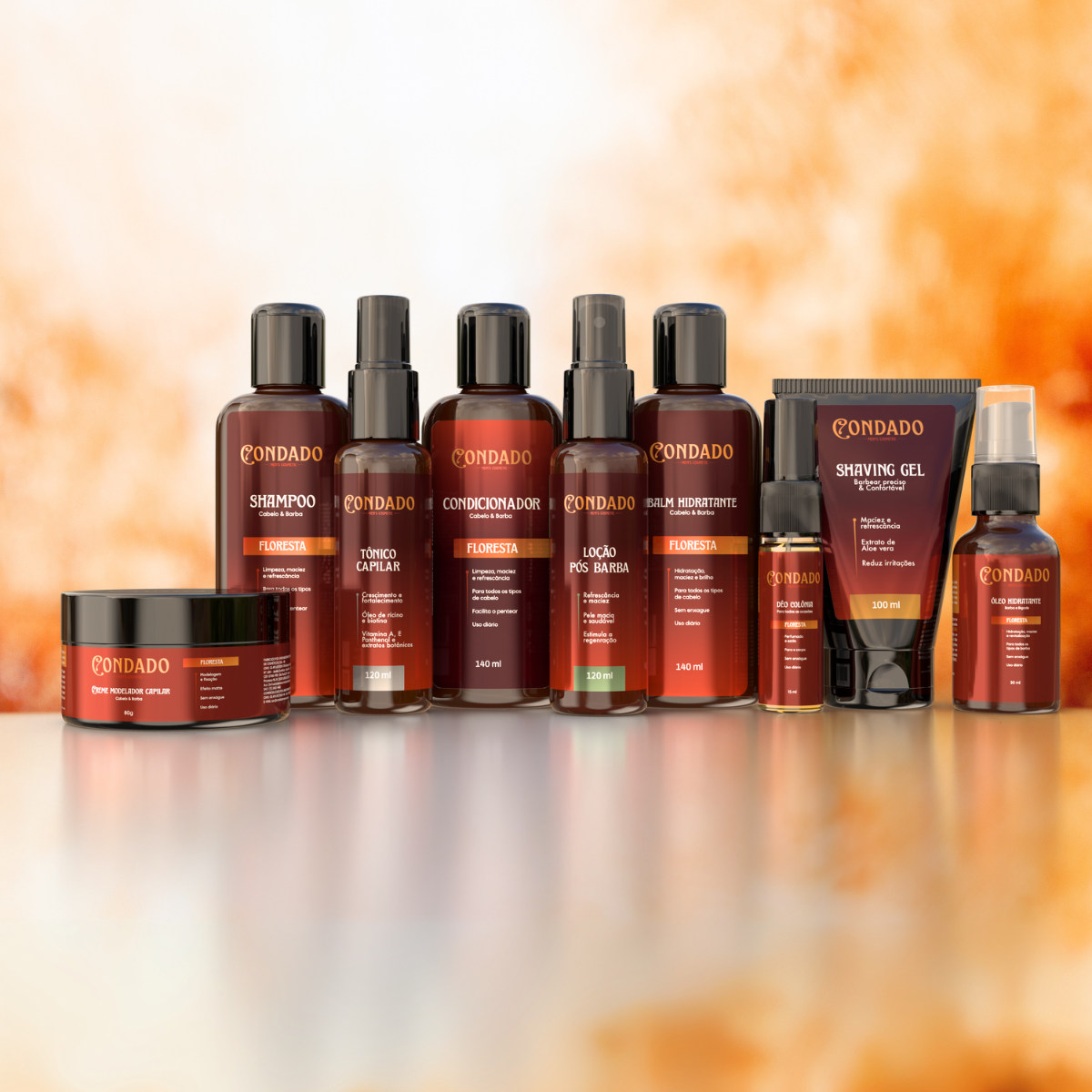 Kit Shampoo + Condicionador + Pomada + Óleo + Colônia + Tônico + Balm + Gel + Loção Floresta Condado