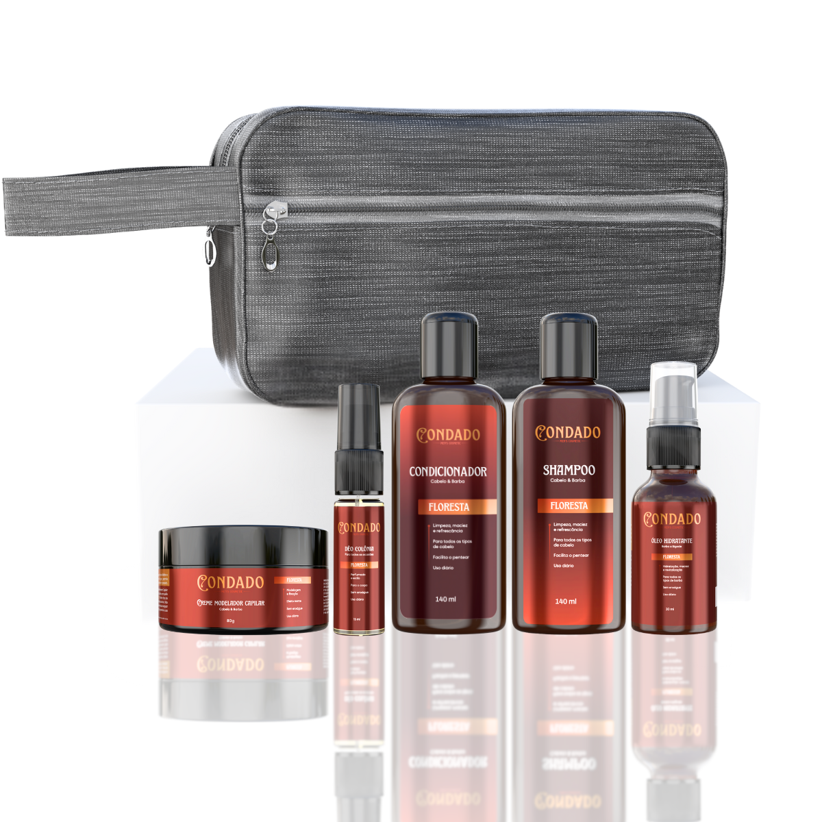 Kit Shampoo + Condicionador + Óleo + Colônia + Pomada + Necessaire Cinza Floresta Condado