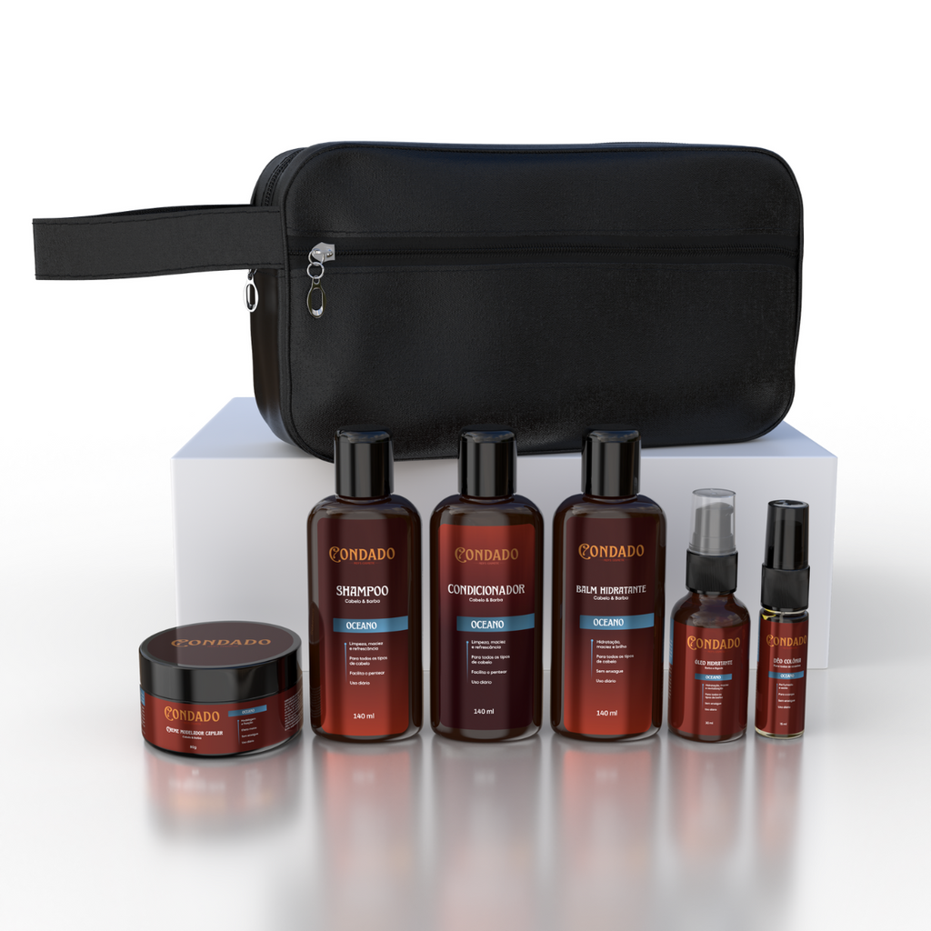 Kit Shampoo + Condicionador + Pomada + Óleo + Colônia + Balm + Necessaire Preta Oceano Condado