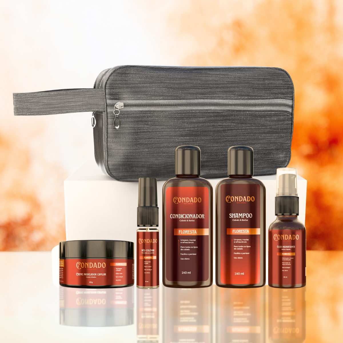 Kit Shampoo + Condicionador + Óleo + Colônia + Pomada + Necessaire Cinza Floresta Condado