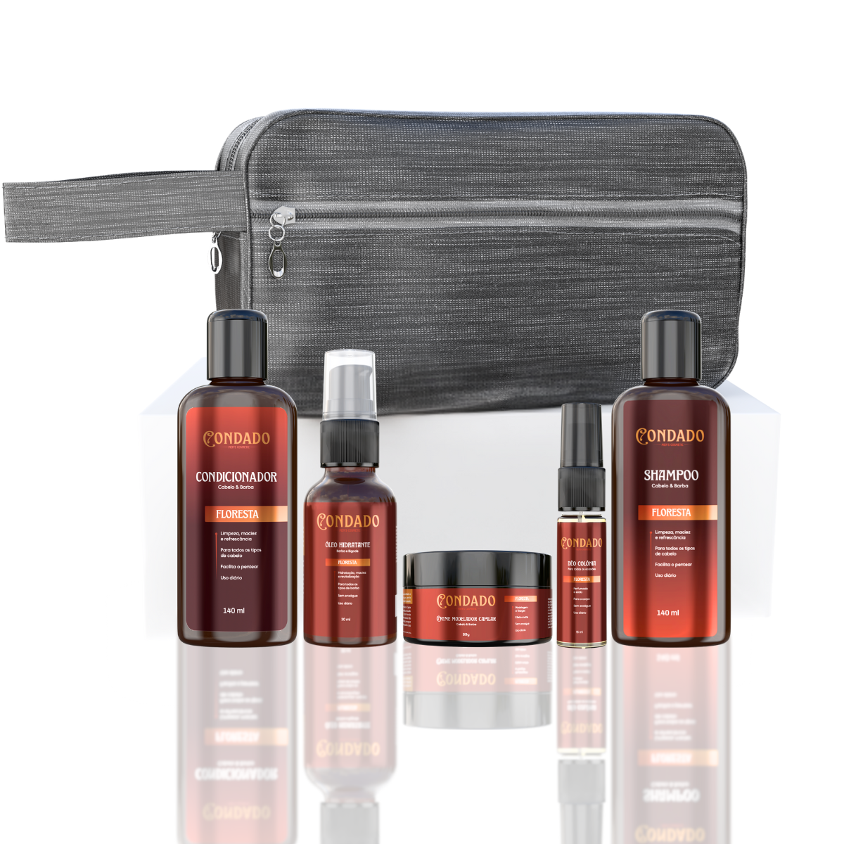 Kit Shampoo + Condicionador + Óleo + Colônia + Pomada + Necessaire Cinza Floresta Condado