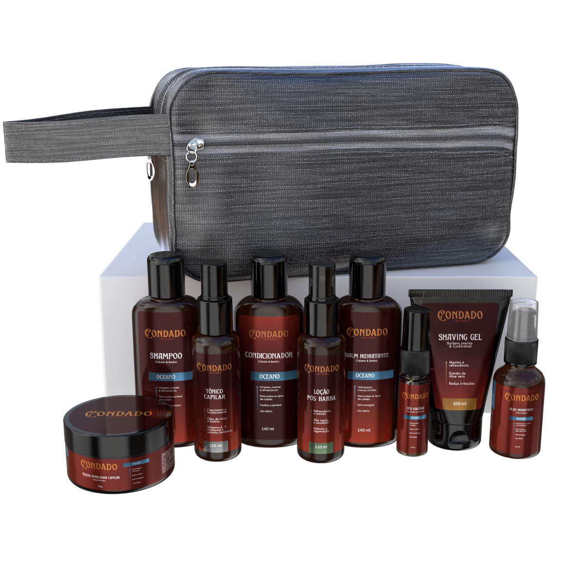 Kit Shampoo + Condicionador + Pomada + Óleo + Colônia + Tônico + Balm + Gel + Loção + Necessaire Cinza Oceano Condado