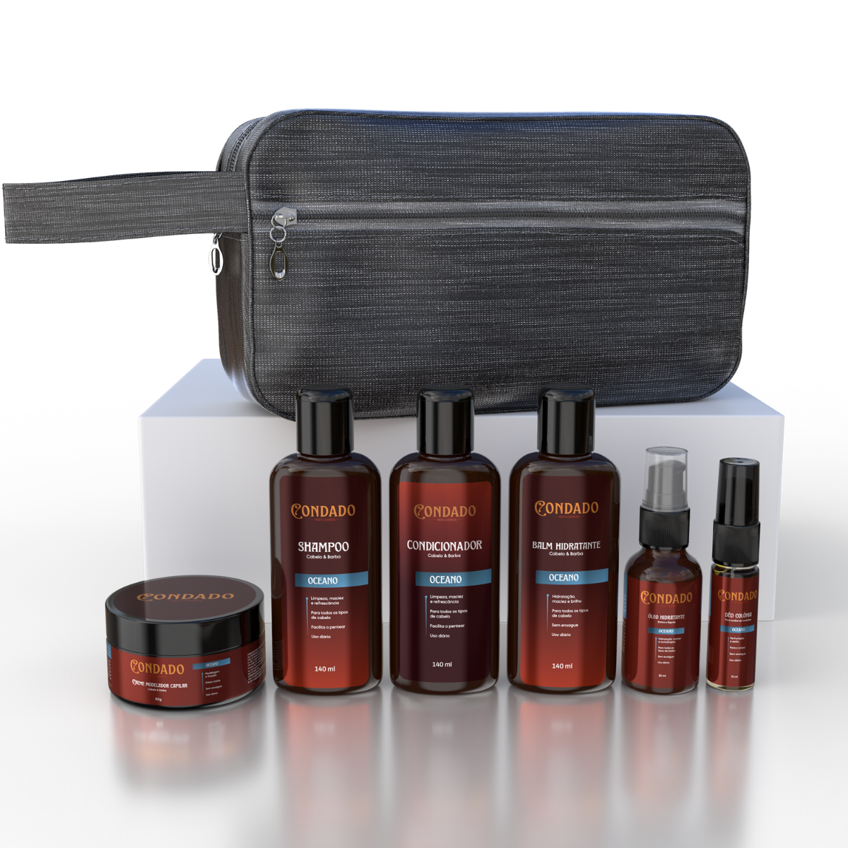 Kit Shampoo + Condicionador + Pomada + Óleo + Colônia + Balm + Necessaire Cinza Oceano Condado