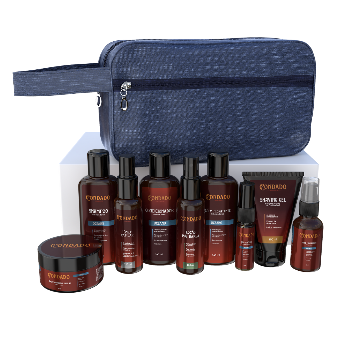 Kit Shampoo + Condicionador + Pomada + Óleo + Colônia + Tônico + Balm + Gel + Loção + Necessaire Azul Oceano Condado