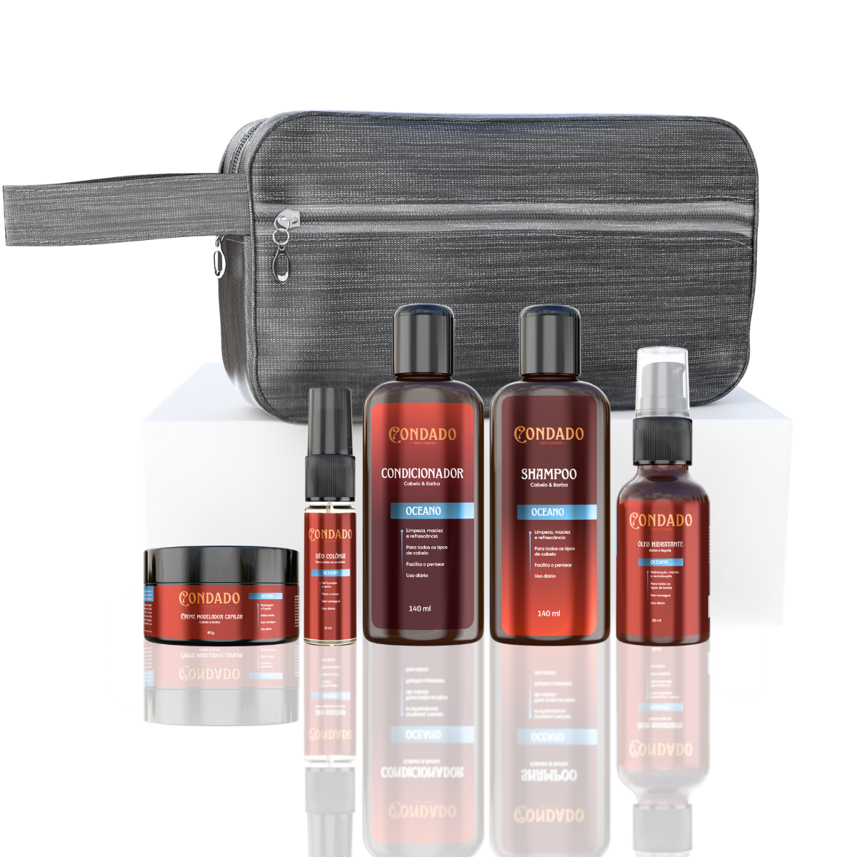 Kit Shampoo + Condicionador + Óleo + Colônia + Pomada + Necessaire Cinza Oceano Condado