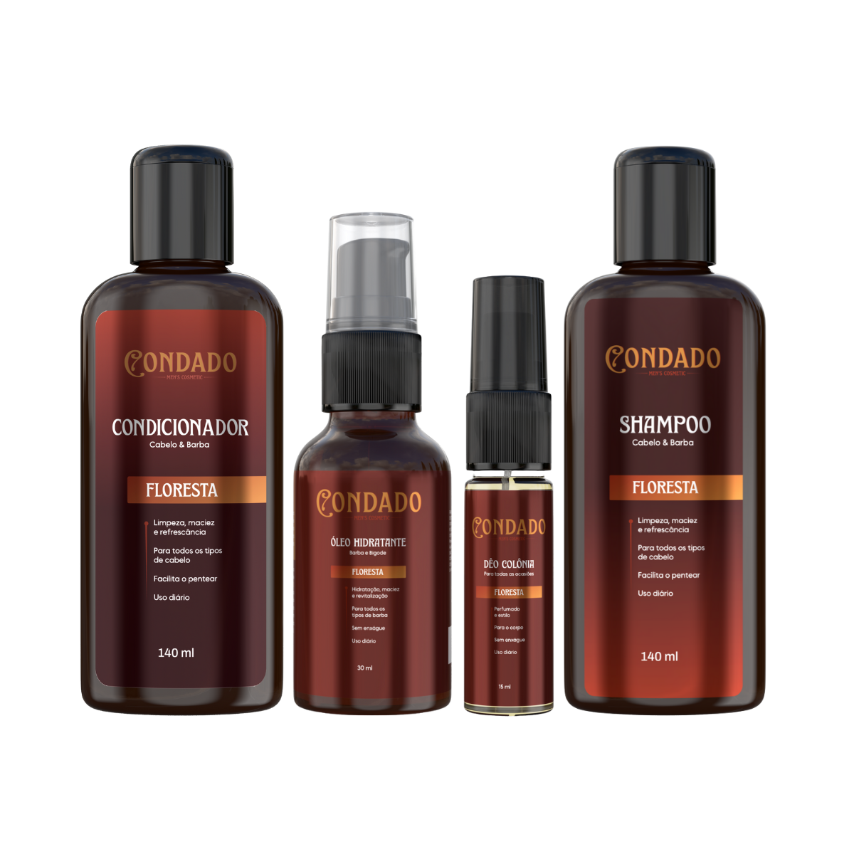 Kit Shampoo + Condicionador + Óleo hidratante + Colônia Floresta Condado