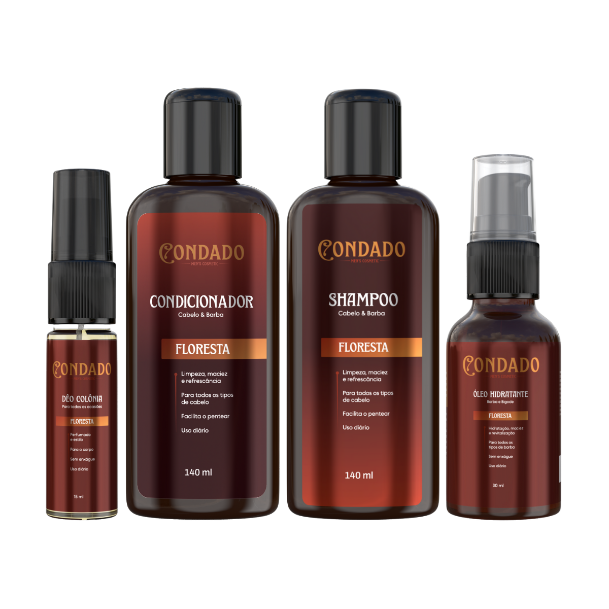 Kit Shampoo + Condicionador + Óleo hidratante + Colônia Floresta Condado