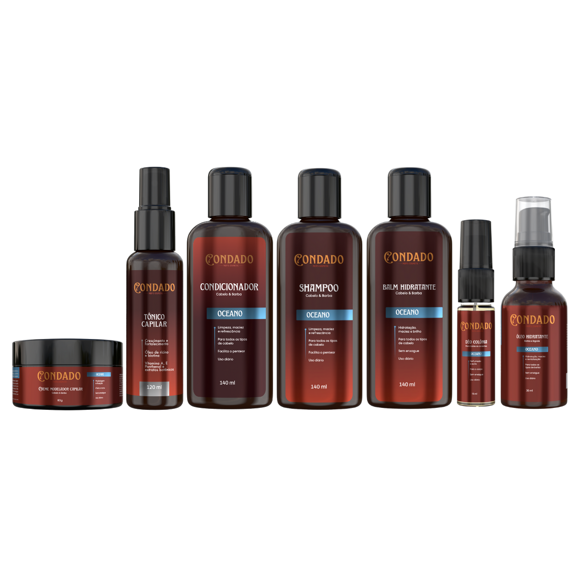 Kit Shampoo + Condicionador + Pomada + Óleo + Tônico + Balm + Colônia Oceano